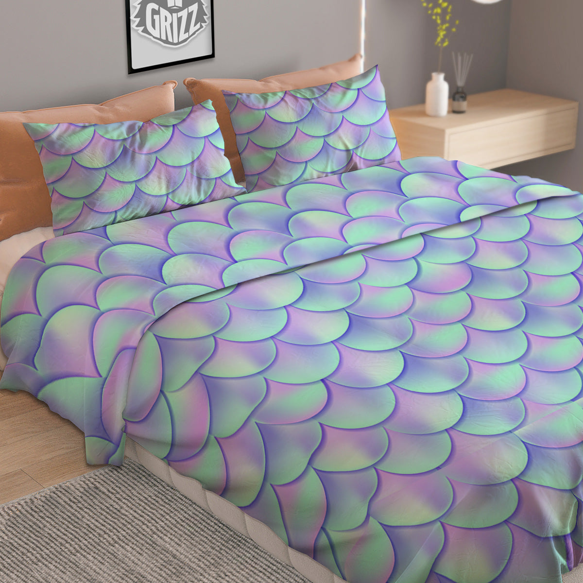 Holographic Mermaid Tail Print Pattern Duvet Cover Bedding Set