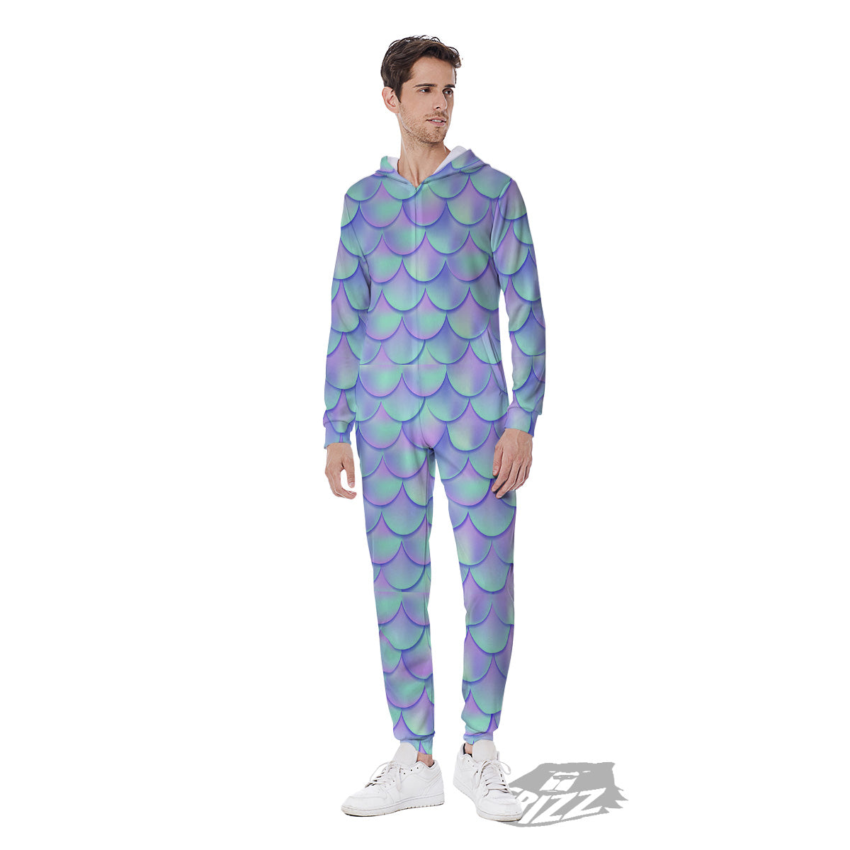 Holographic Mermaid Tail Print Pattern Men's Jumpsuit-grizzshop