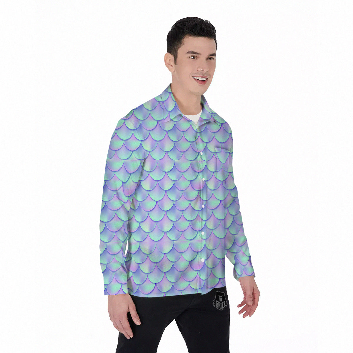 Holographic Mermaid Tail Print Pattern Men's Long Sleeve Shirts-grizzshop