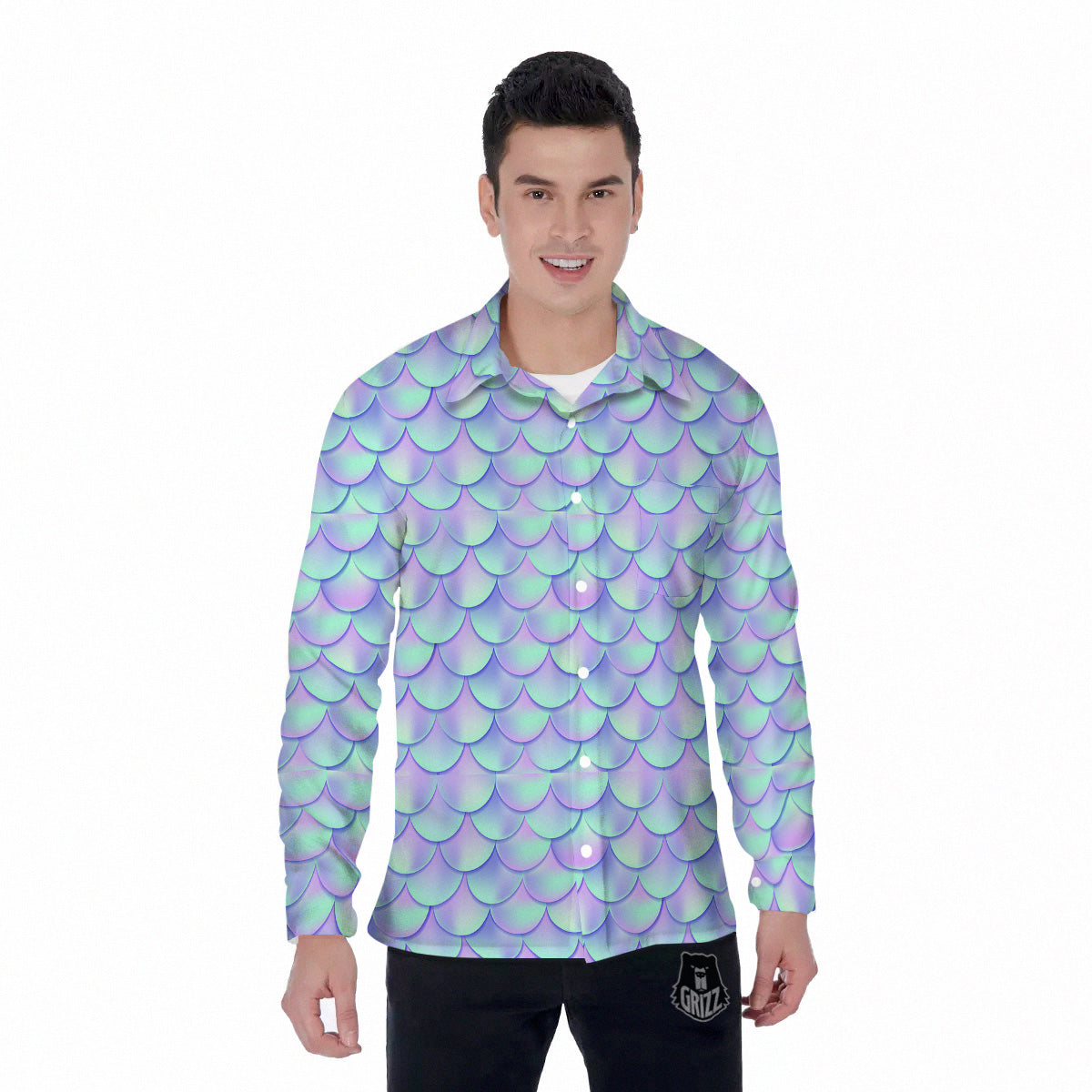 Holographic Mermaid Tail Print Pattern Men's Long Sleeve Shirts-grizzshop