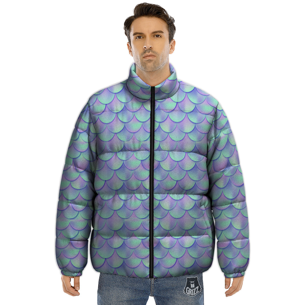 Holographic Mermaid Tail Print Pattern Puffer Jacket-grizzshop