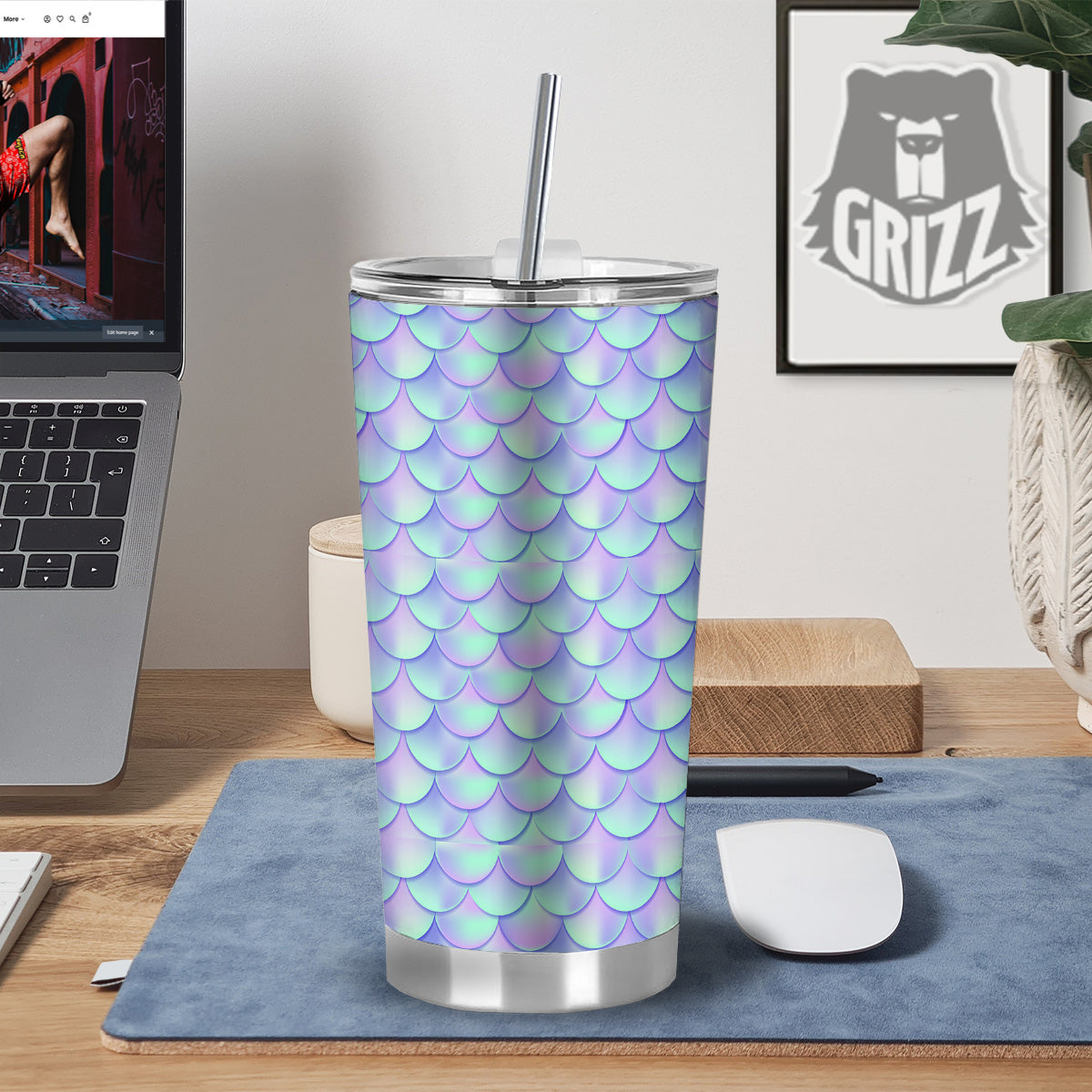 Holographic Mermaid Tail Print Pattern Tumbler-grizzshop