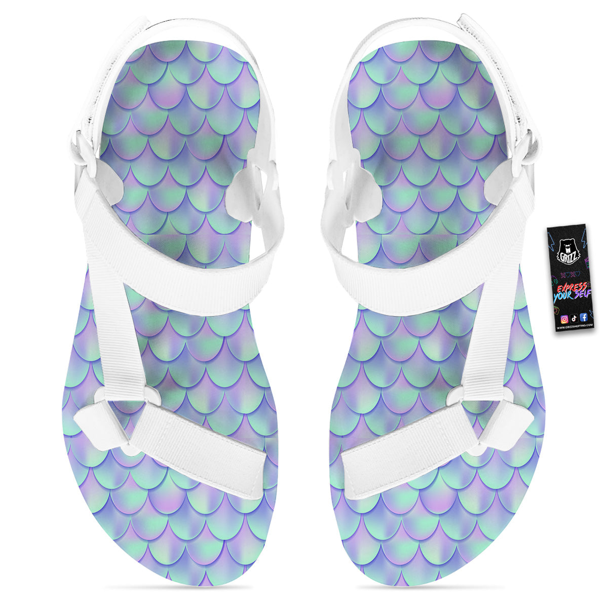 Holographic Mermaid Tail Print Pattern White Open Toe Sandals-grizzshop