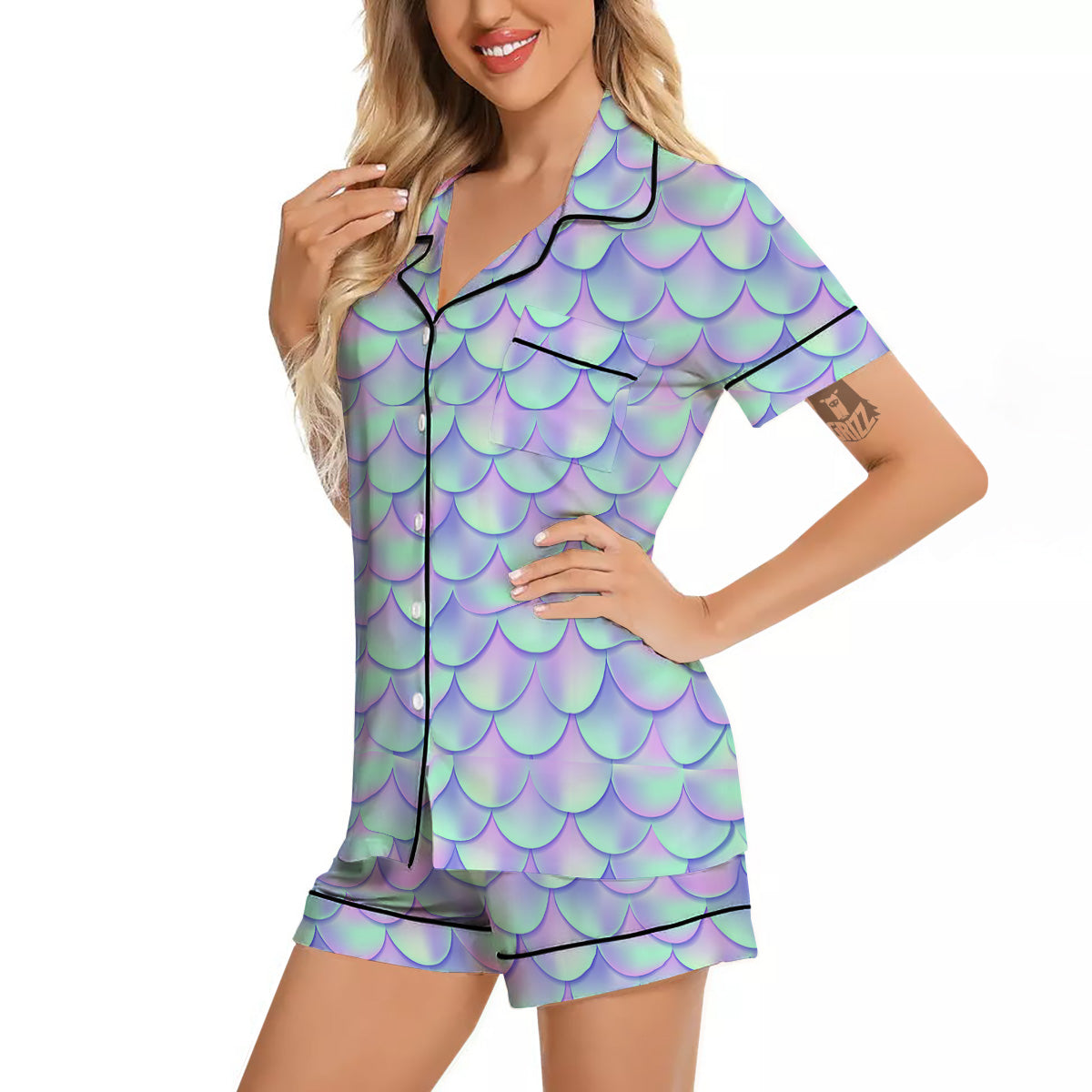 Holographic Mermaid Tail Print Pattern Women Silk Pajamas-grizzshop