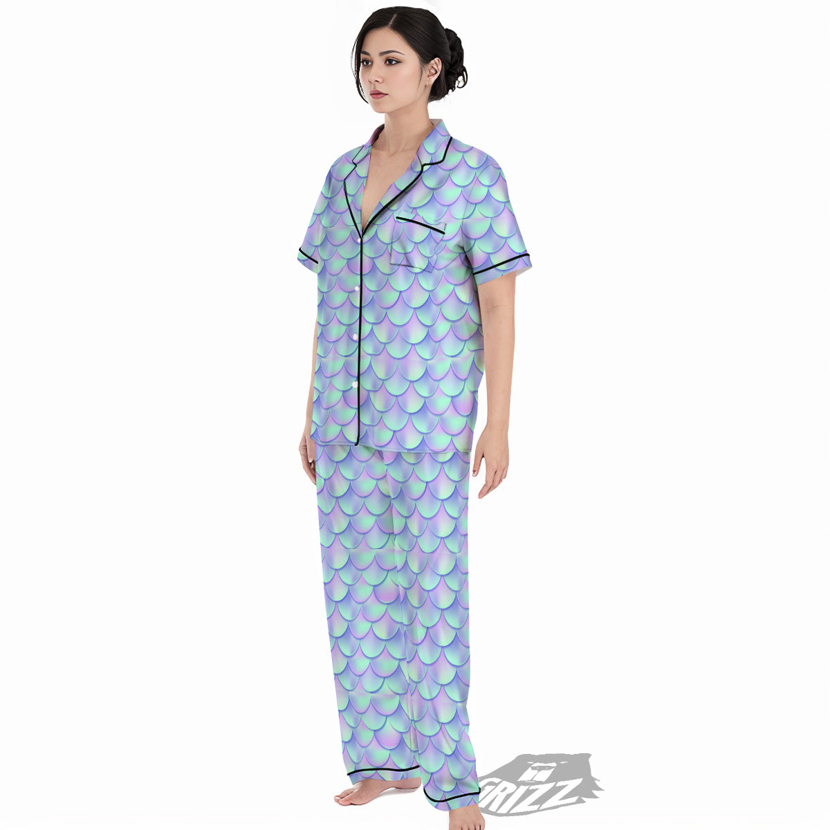 Holographic Mermaid Tail Print Pattern Women's Pajamas Set-grizzshop