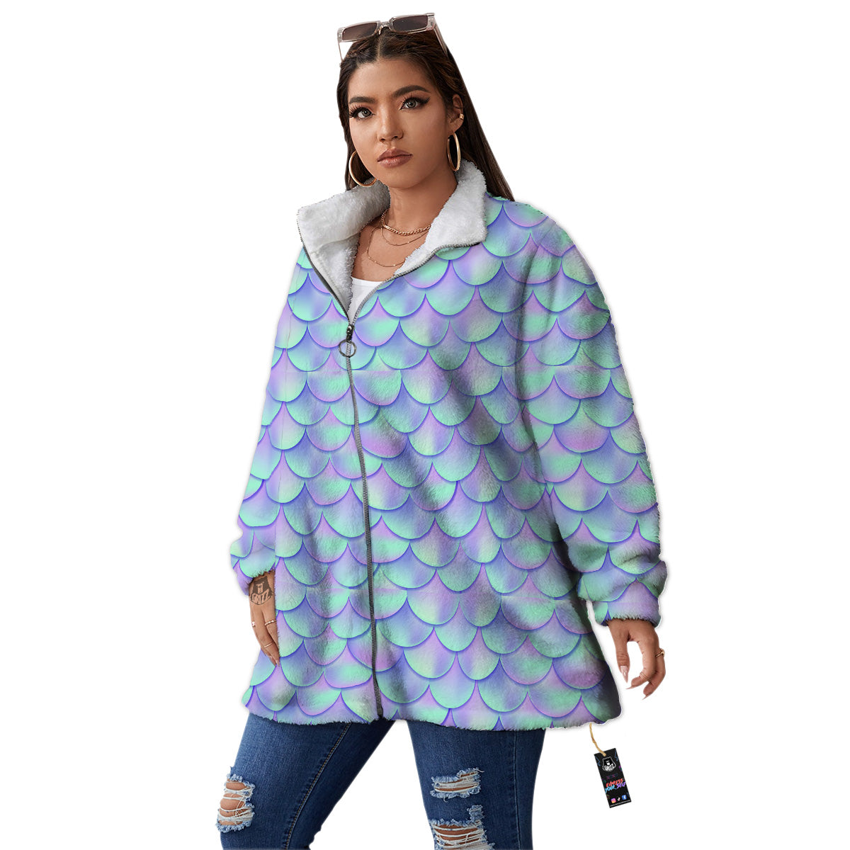 Holographic Mermaid Tail Print Pattern Women's Sherpa Jacket-grizzshop