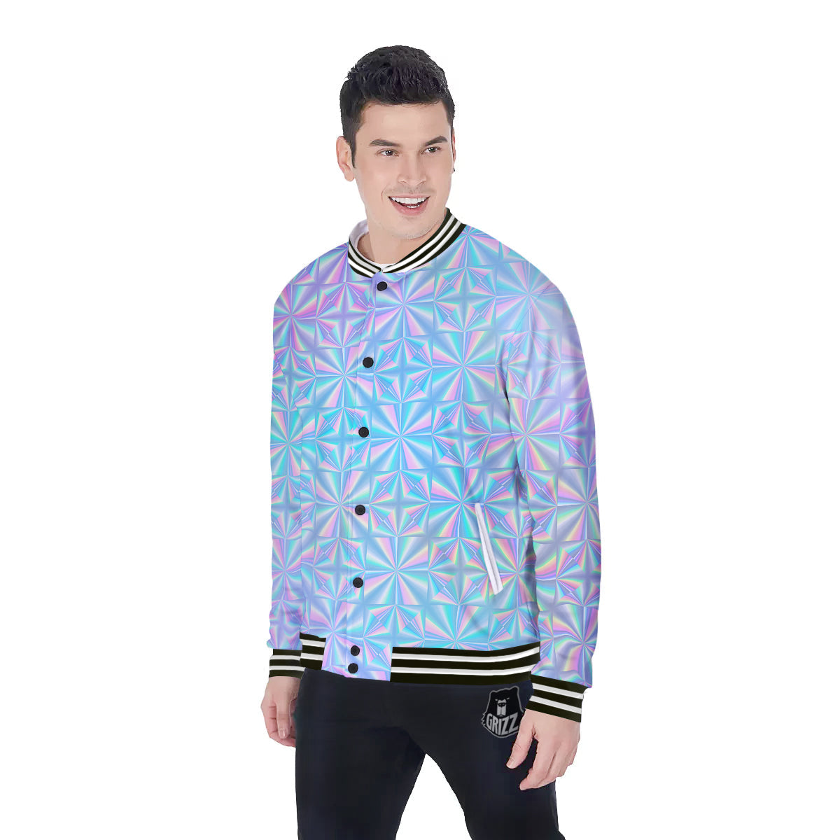 Holographic Paper Texture Print Baseball Jacket-grizzshop
