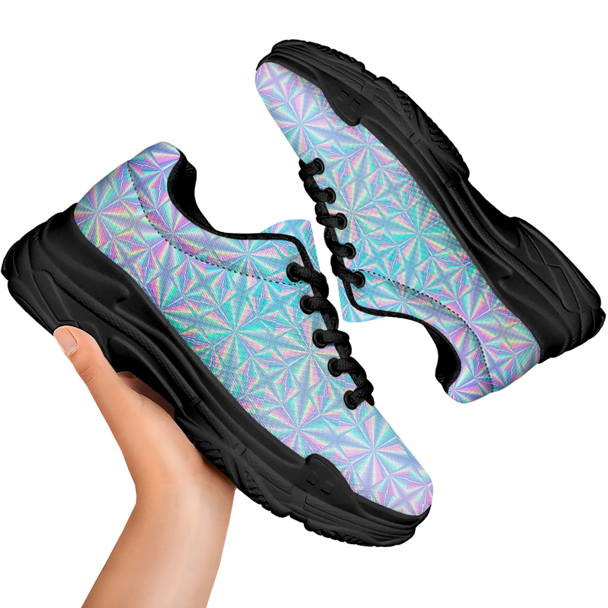 Holographic Paper Texture Print Black Chunky Shoes-grizzshop