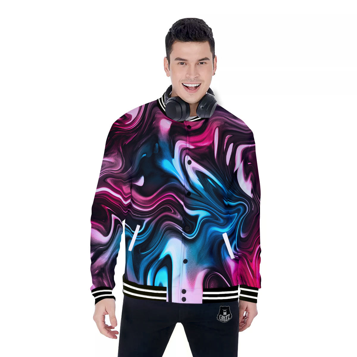 Holographic Psychedelic Print Pattern Baseball Jacket-grizzshop