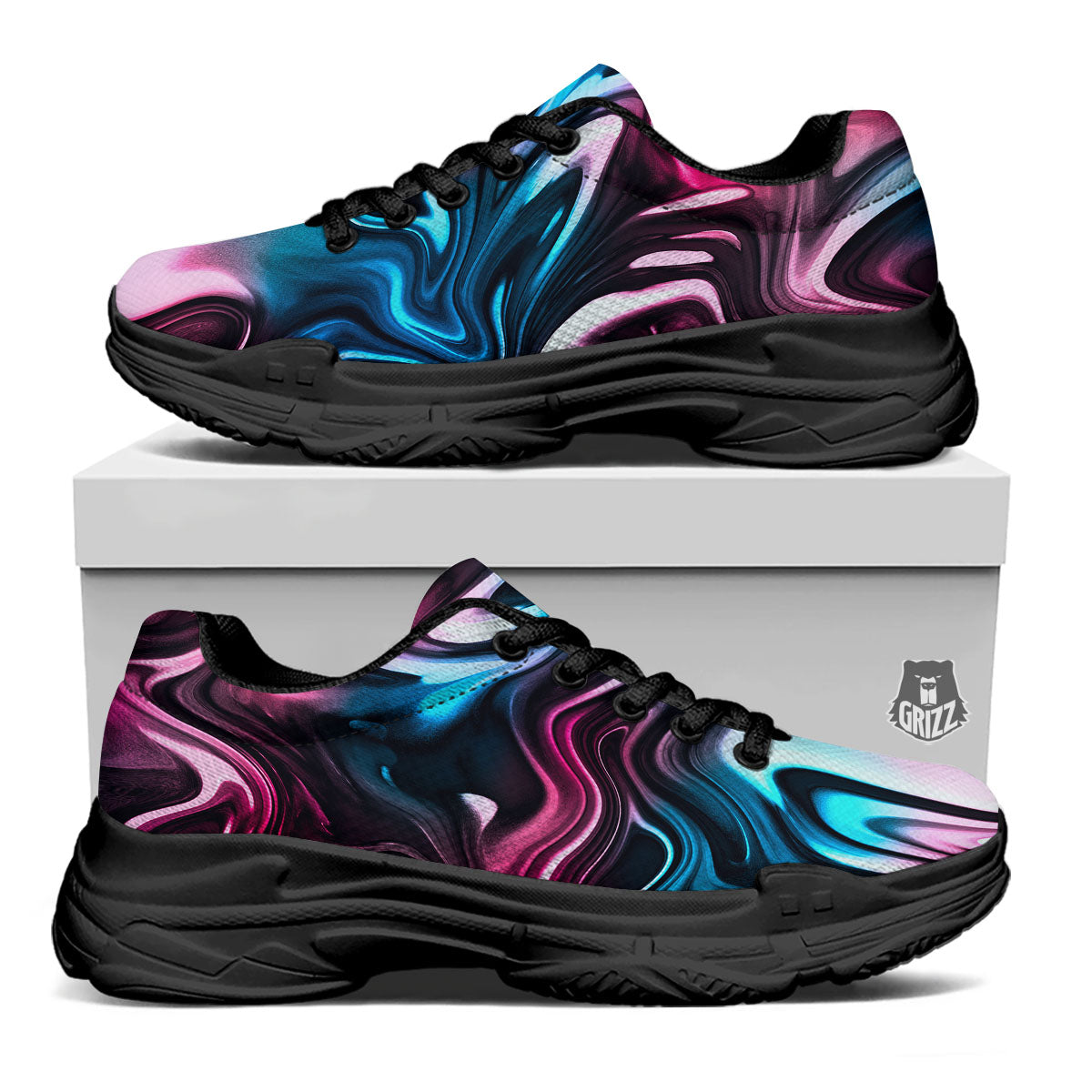 Holographic Psychedelic Print Pattern Black Chunky Shoes-grizzshop