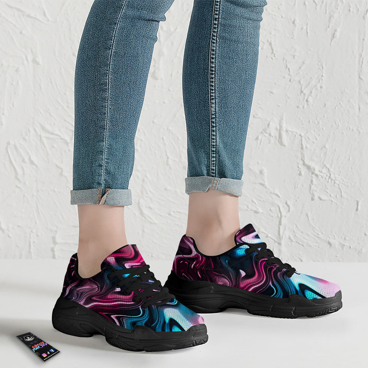 Holographic Psychedelic Print Pattern Black Chunky Shoes-grizzshop