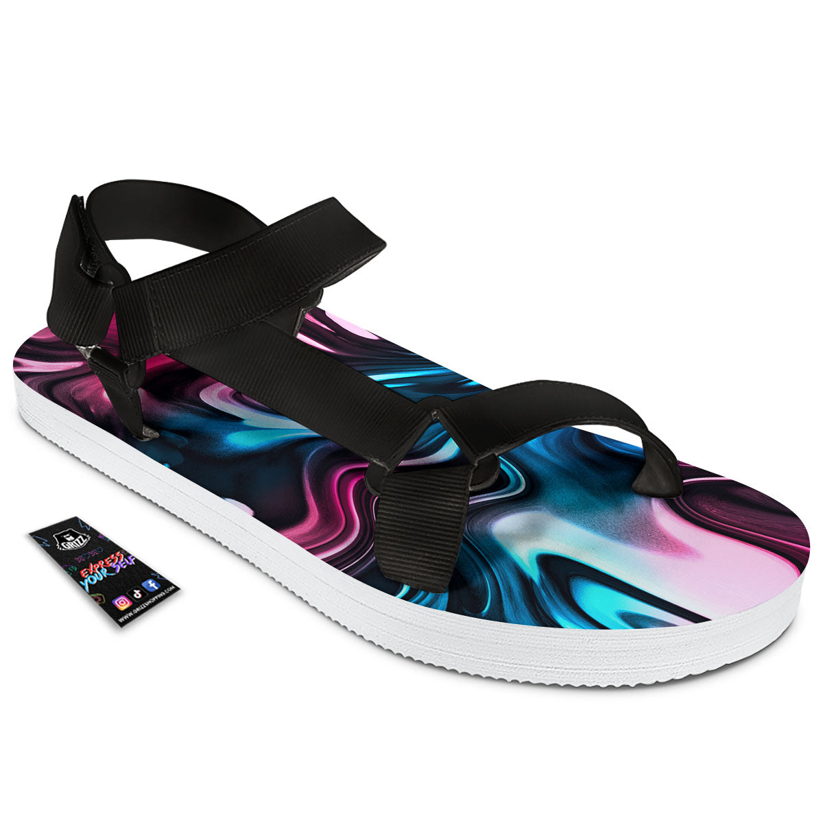 Holographic Psychedelic Print Pattern Black Open Toe Sandals-grizzshop