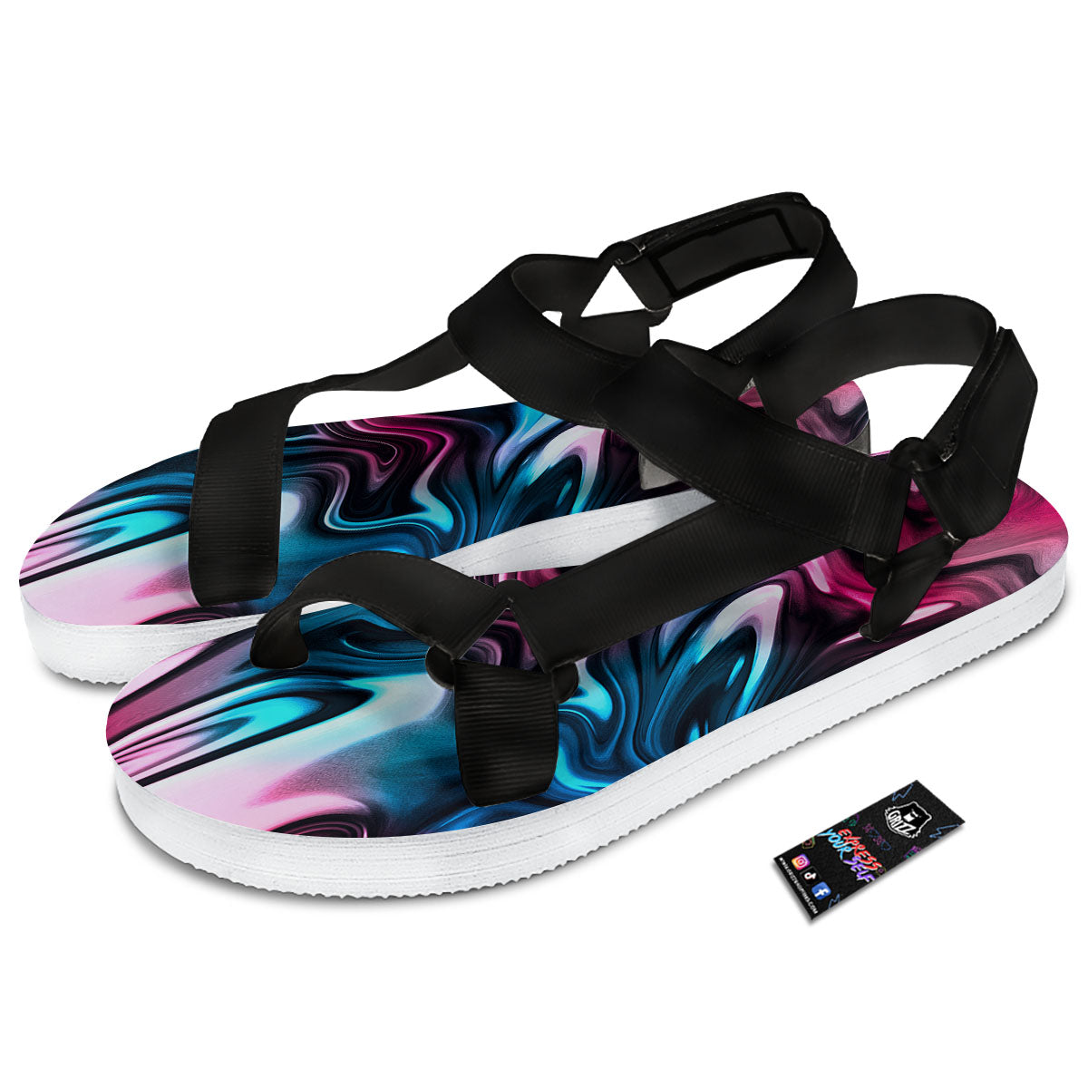 Holographic Psychedelic Print Pattern Black Open Toe Sandals-grizzshop