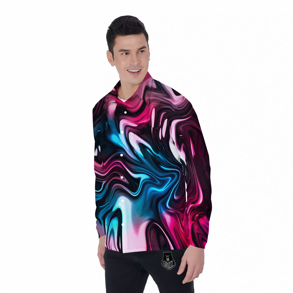 Holographic Psychedelic Print Pattern Men's Long Sleeve Shirts-grizzshop