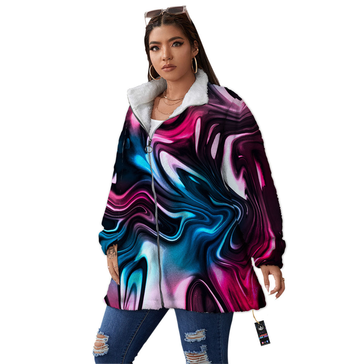 Holographic Psychedelic Print Pattern Women's Sherpa Jacket-grizzshop