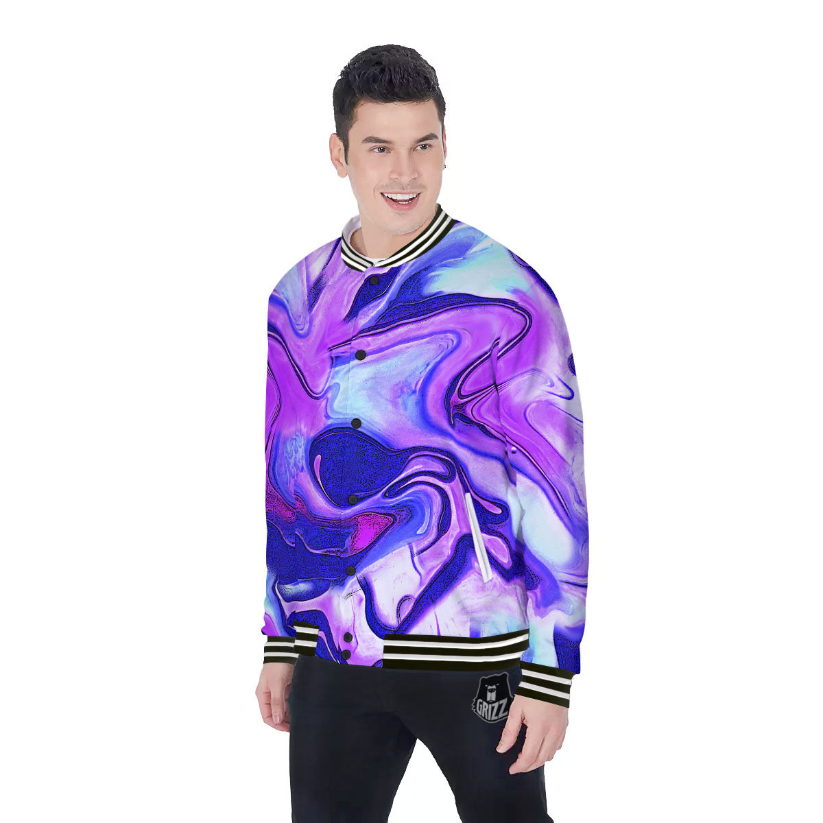 Holographic Purple Print Pattern Baseball Jacket-grizzshop