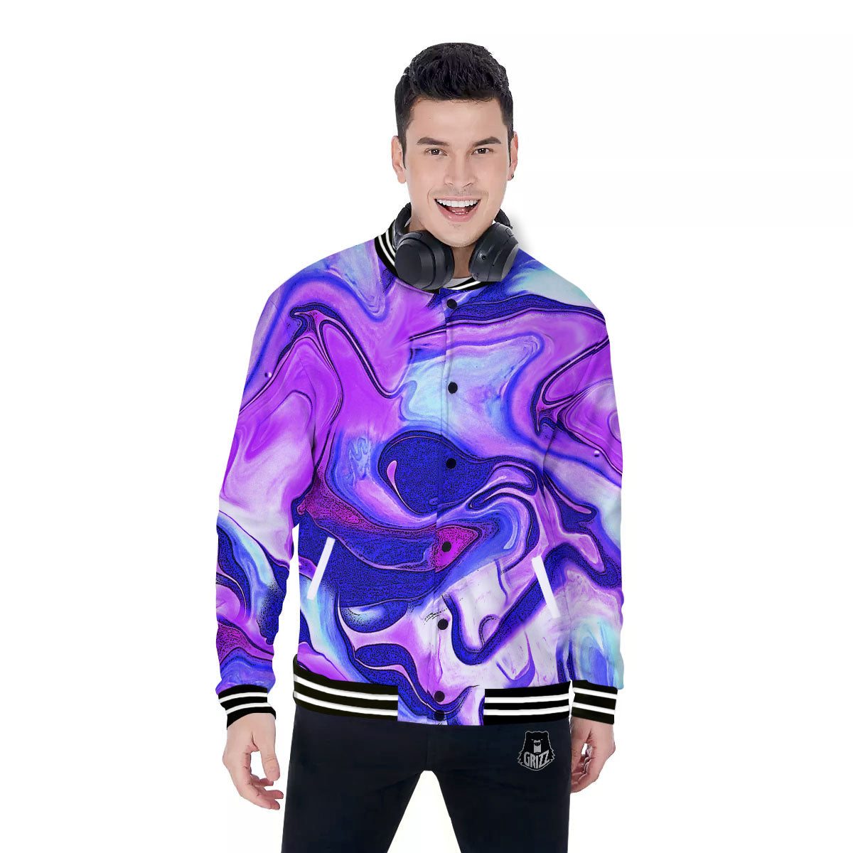 Holographic Purple Print Pattern Baseball Jacket-grizzshop