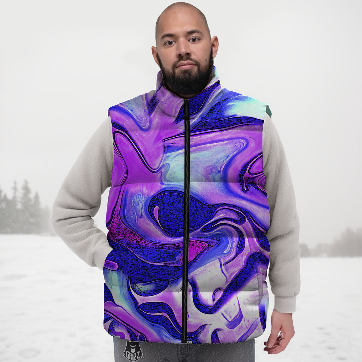 Holographic Purple Print Pattern Down Vest-grizzshop