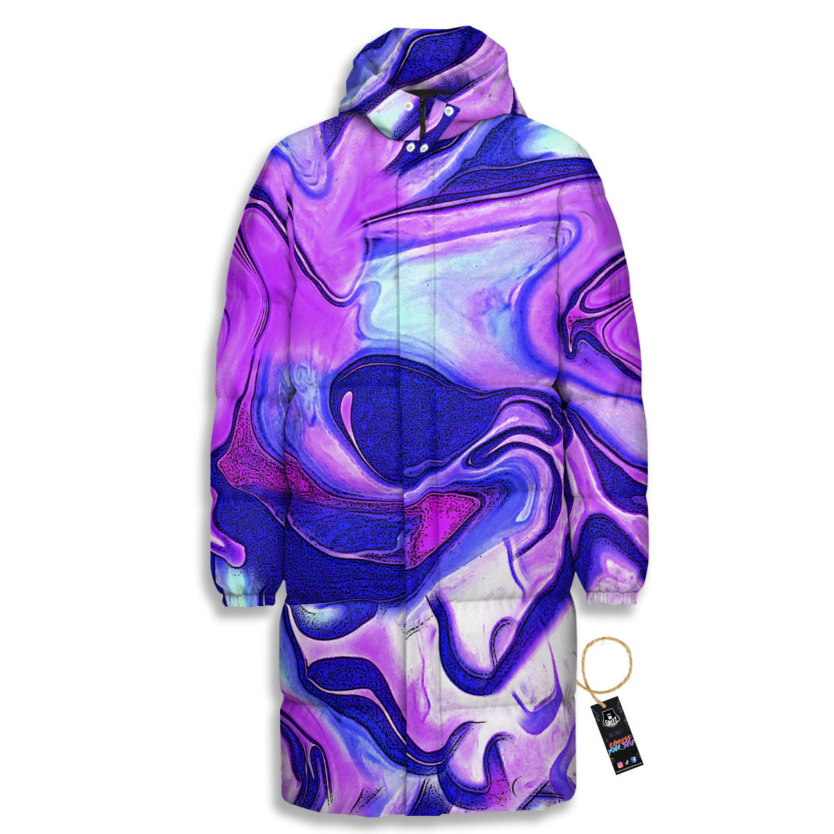 Holographic Purple Print Pattern Long Down Jacket-grizzshop