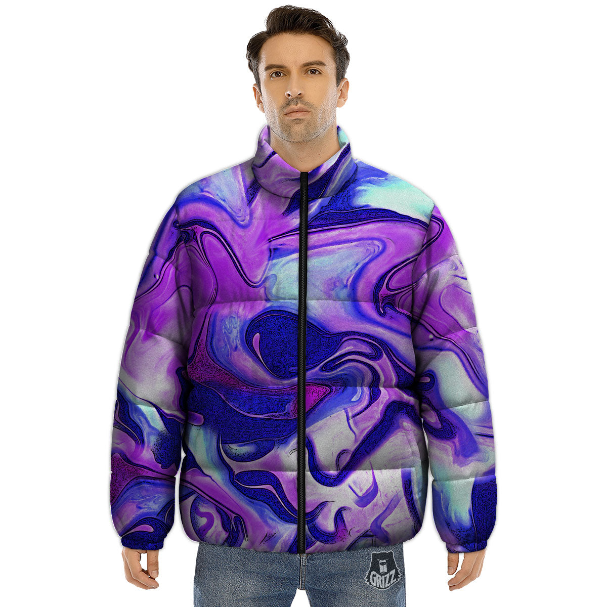 Holographic Purple Print Pattern Puffer Jacket-grizzshop