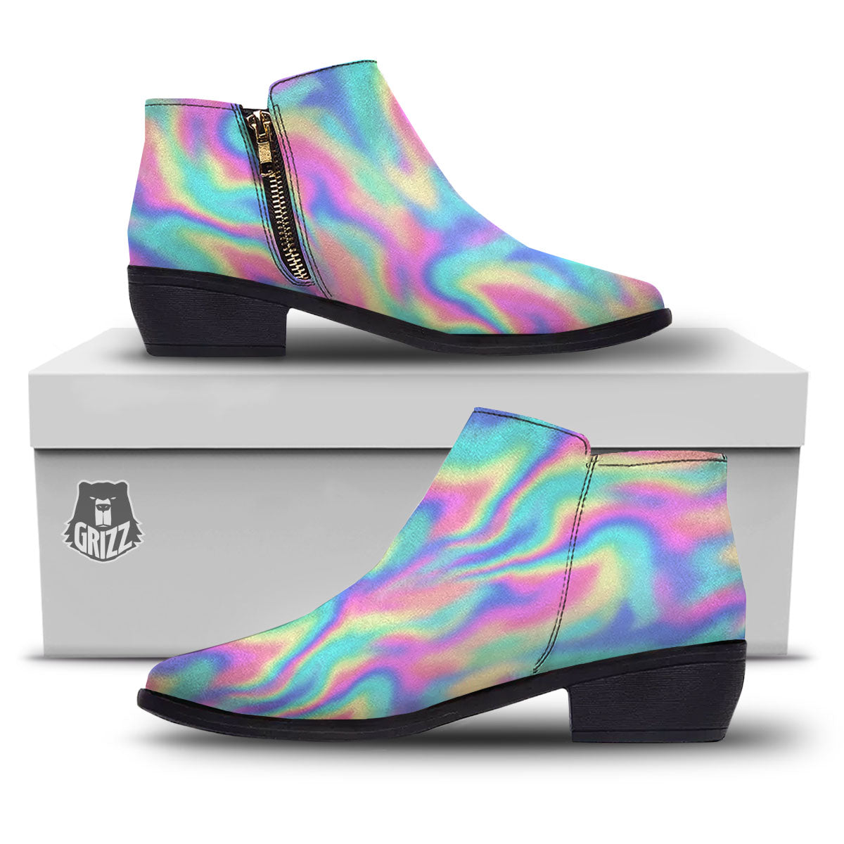 Holographic Rainbow Print Pattern Ankle Boots-grizzshop