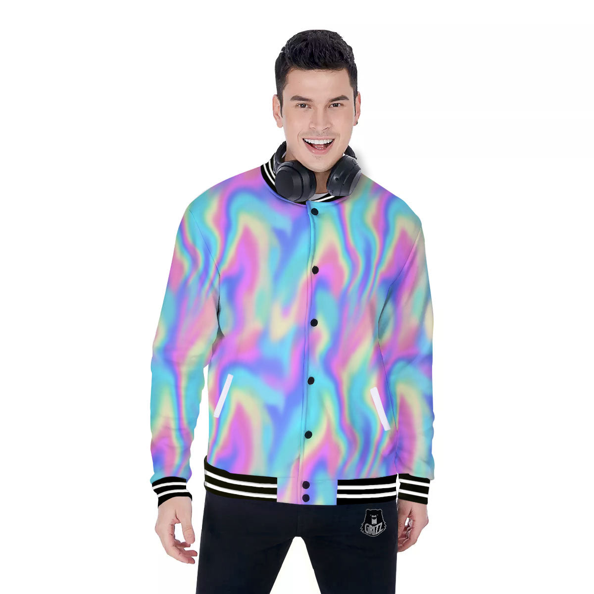 Holographic Rainbow Print Pattern Baseball Jacket-grizzshop