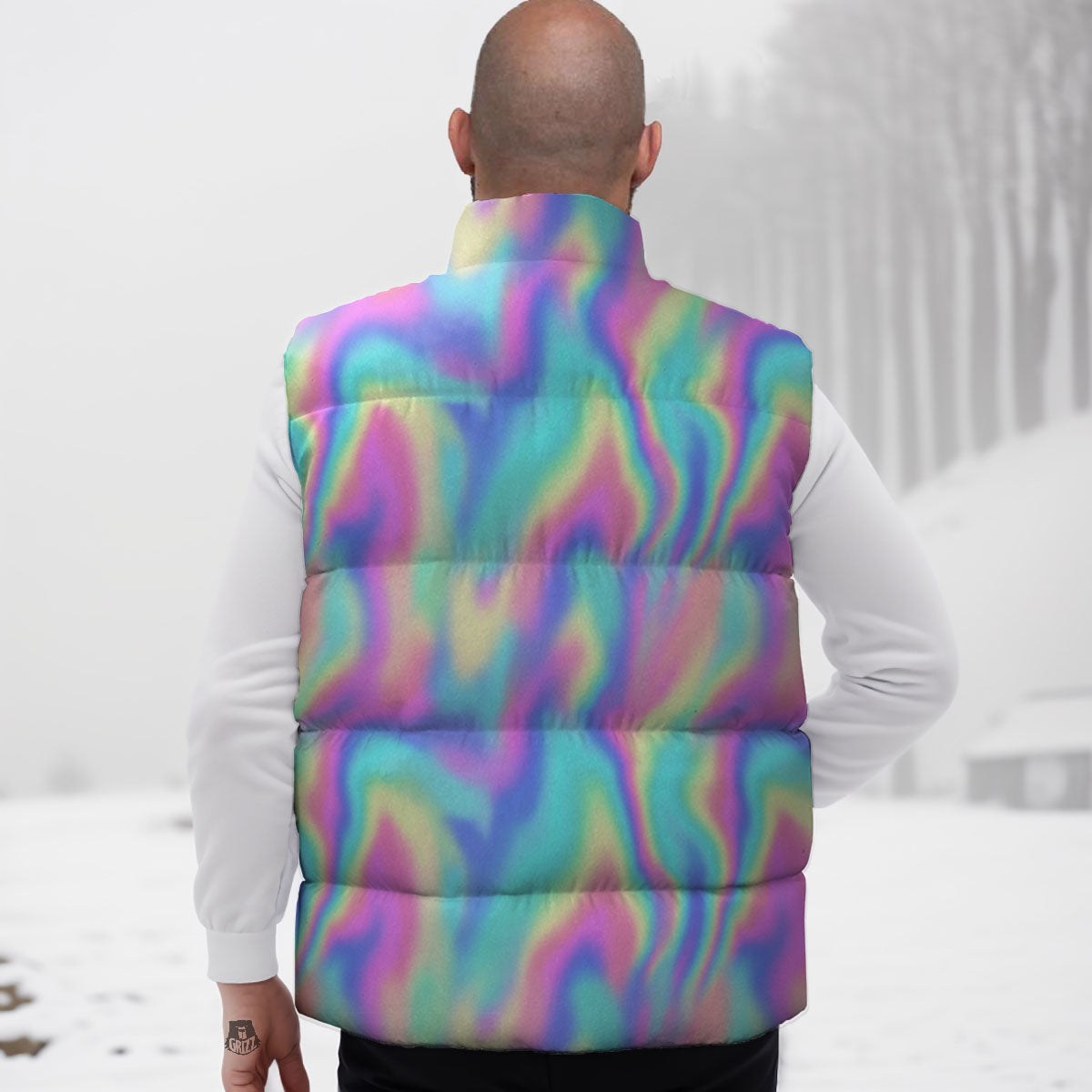 Holographic Rainbow Print Pattern Down Vest