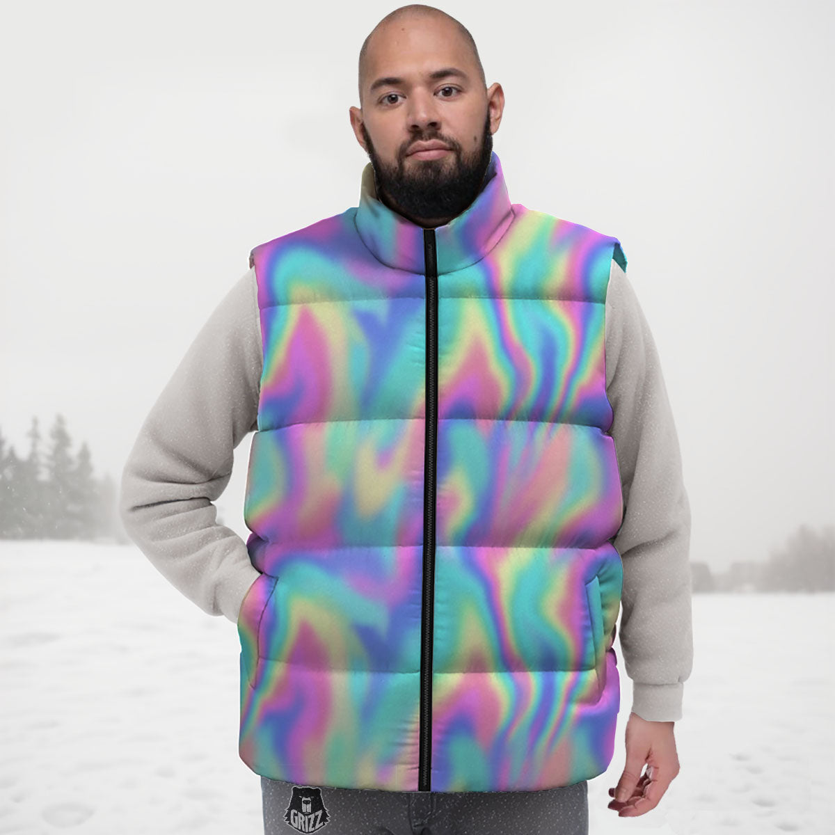 Holographic Rainbow Print Pattern Down Vest