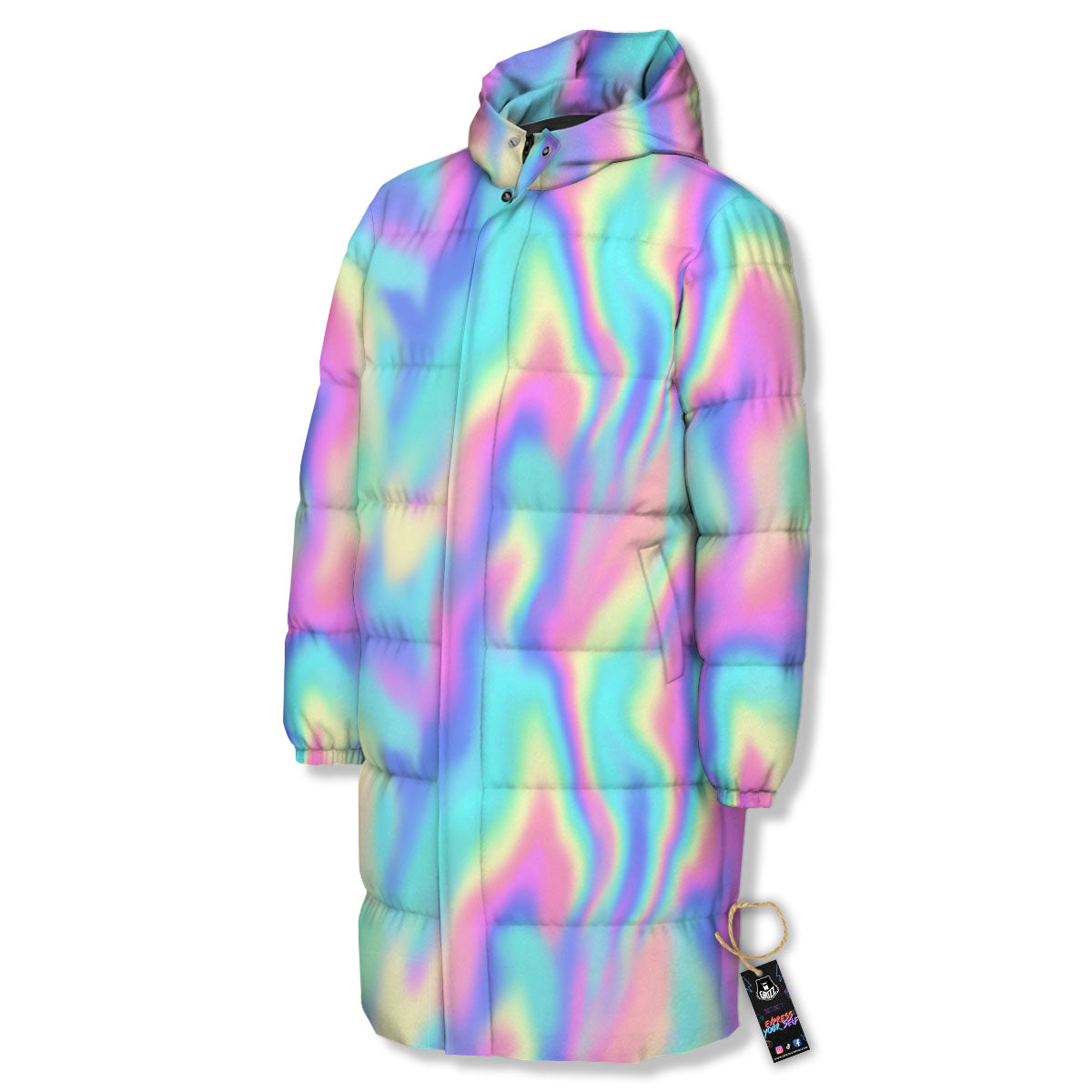 Holographic Rainbow Print Pattern Long Down Jacket-grizzshop