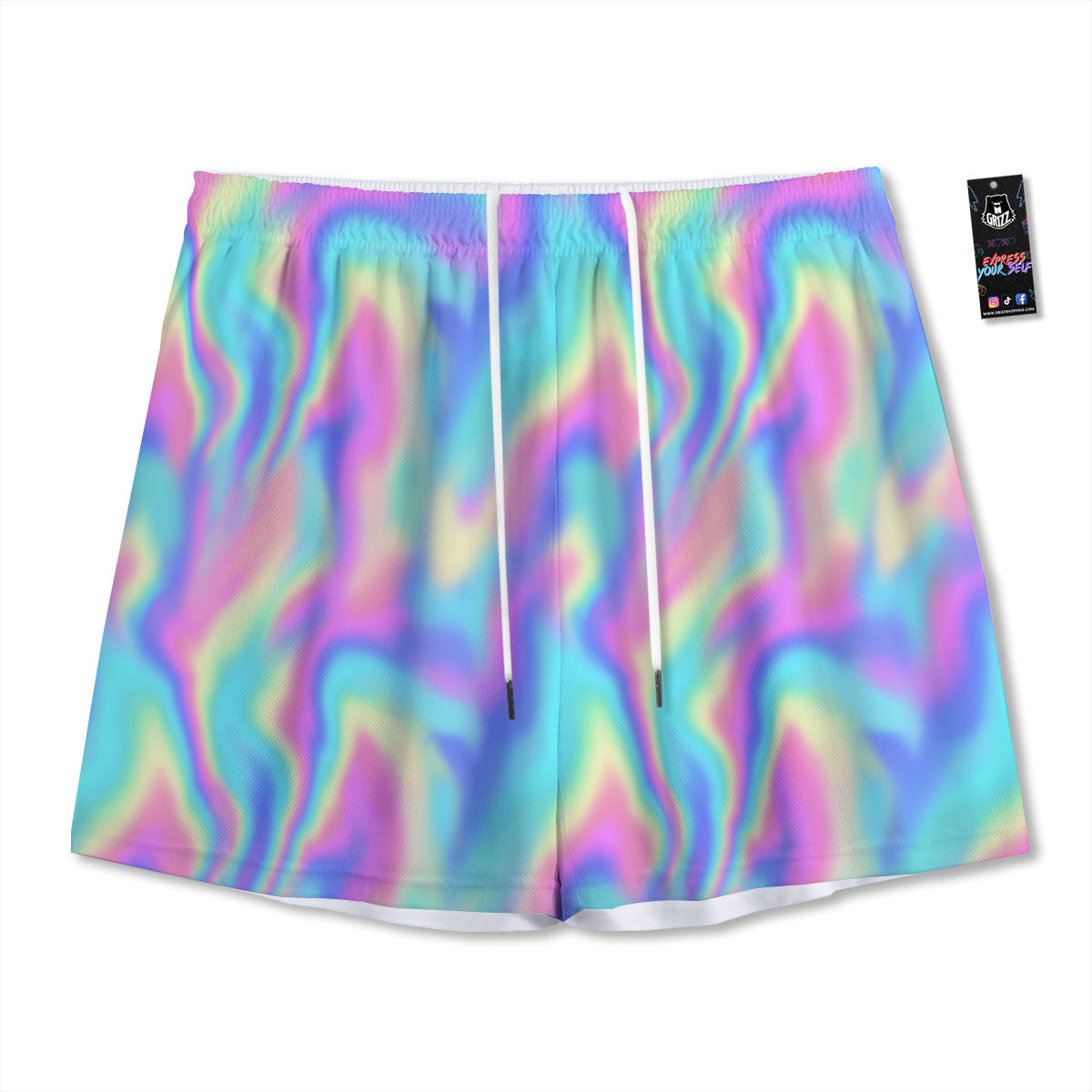 Holographic Rainbow Print Pattern Mesh Shorts