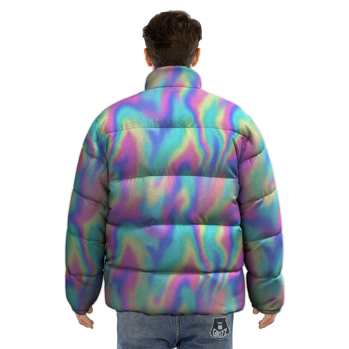 Holographic Rainbow Print Pattern Puffer Jacket-grizzshop