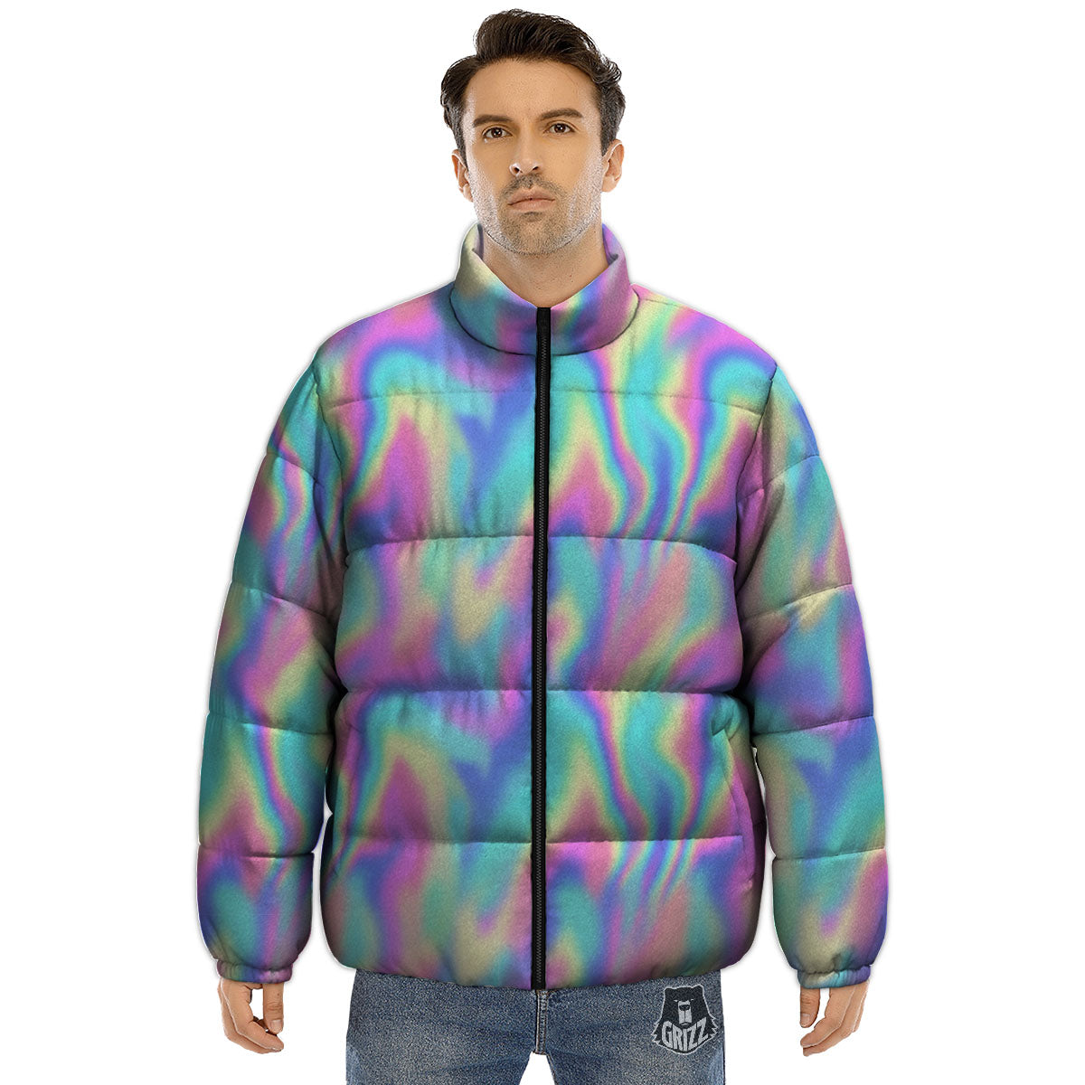 Holographic Rainbow Print Pattern Puffer Jacket-grizzshop
