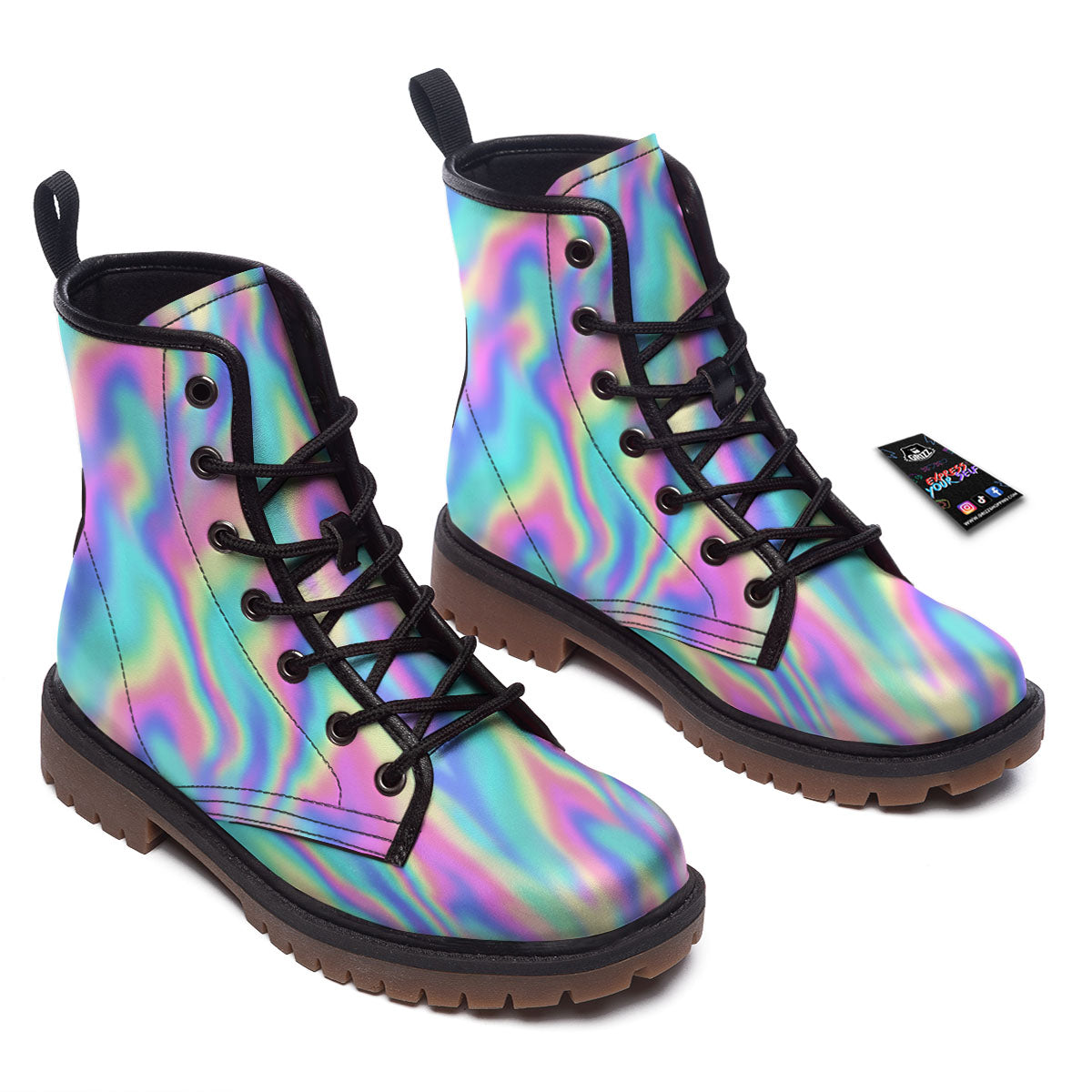 Holographic Rainbow Print Pattern Work Boots-grizzshop