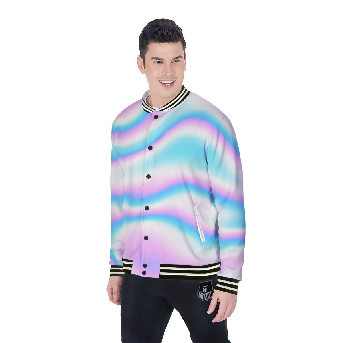 Holographic Teal And Pink Print Baseball Jacket-grizzshop