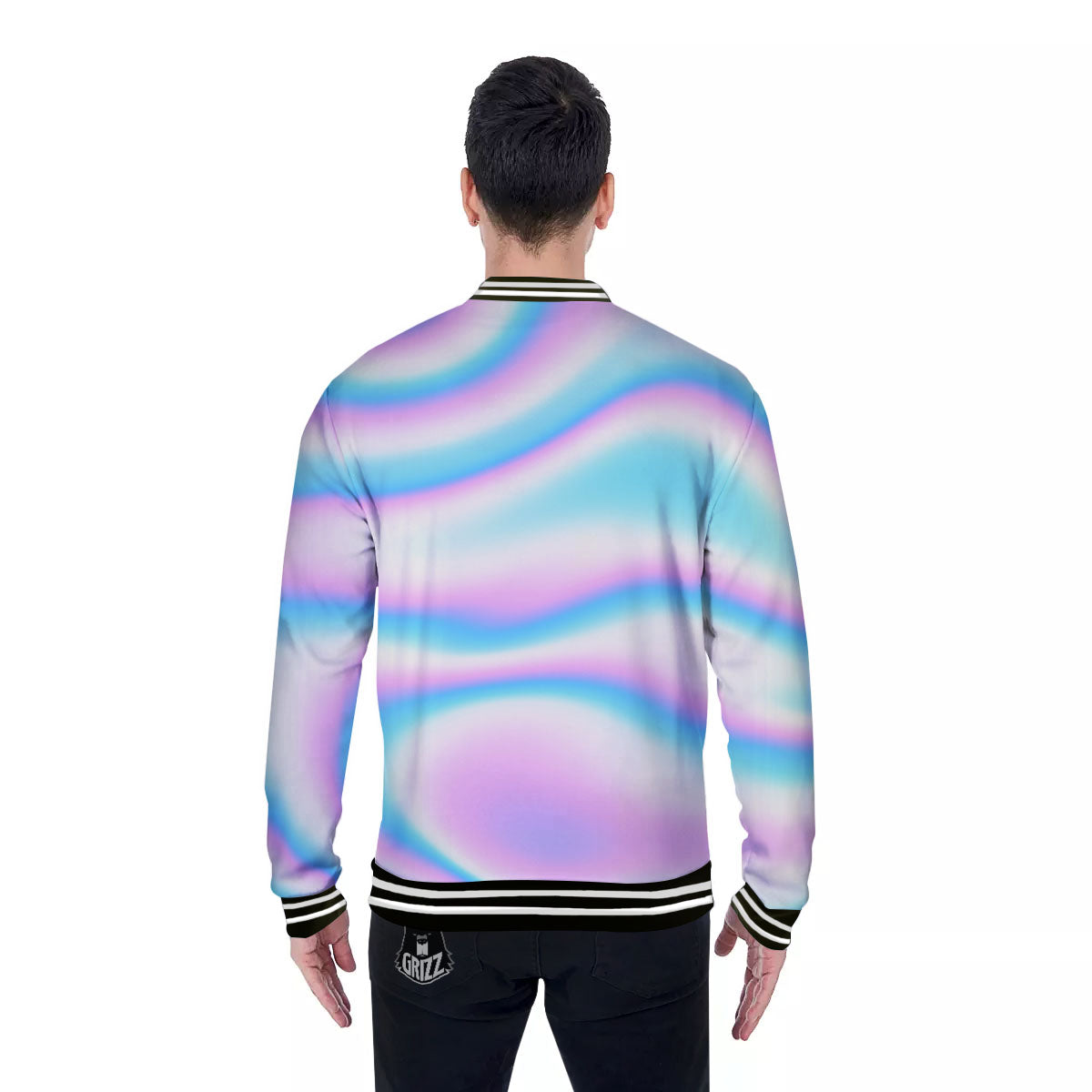 Holographic Teal And Pink Print Baseball Jacket-grizzshop
