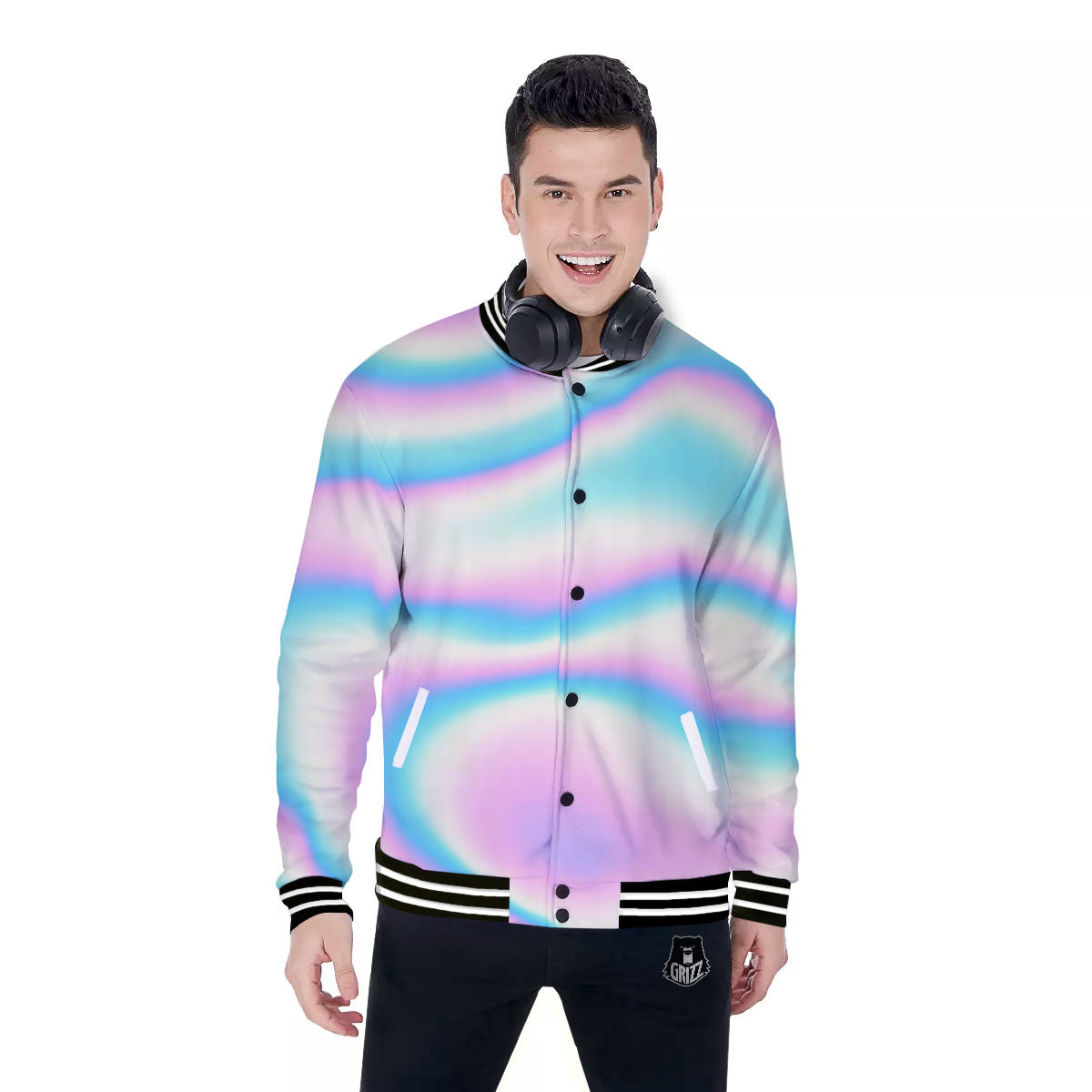Holographic Teal And Pink Print Baseball Jacket-grizzshop