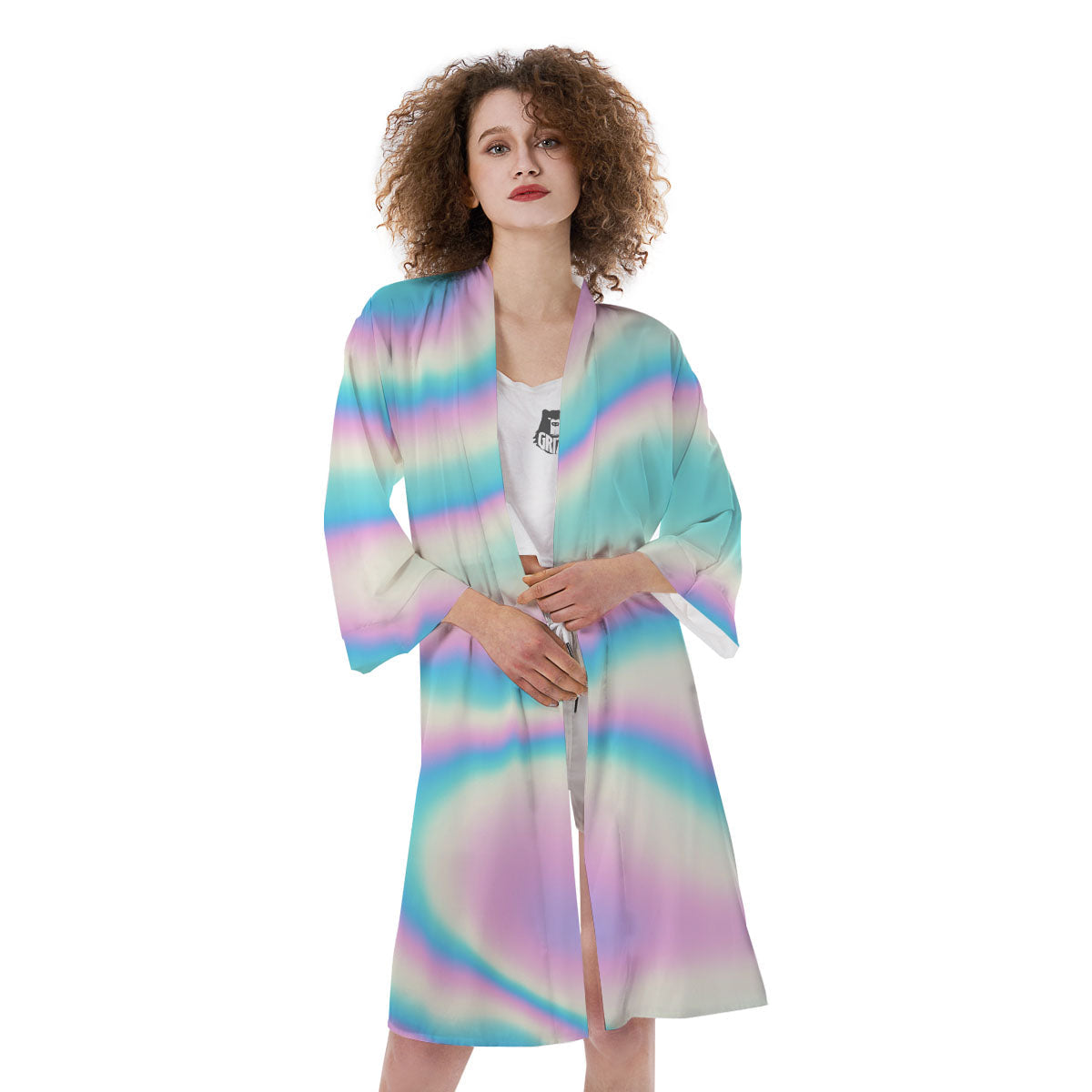 Holographic Teal And Pink Print Kimono-grizzshop