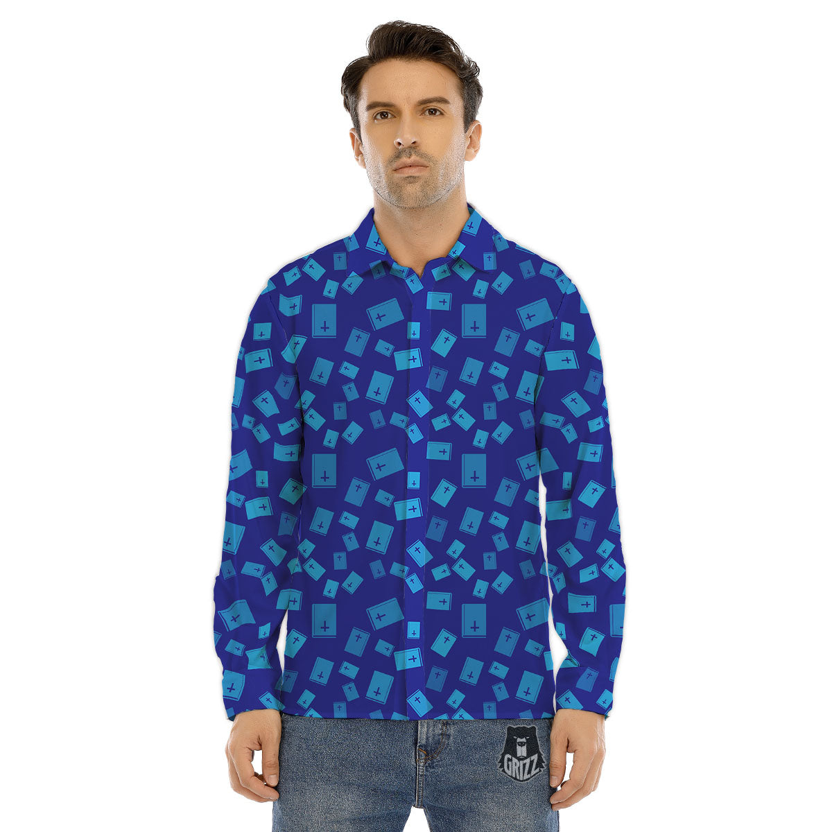 Holy Bible Blue Print Pattern Men's Dress Shirts-grizzshop
