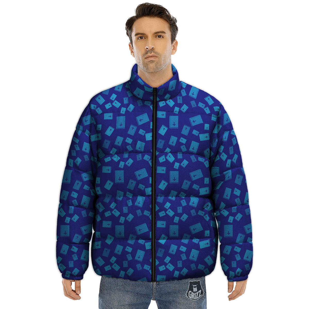 Holy Bible Blue Print Pattern Puffer Jacket-grizzshop