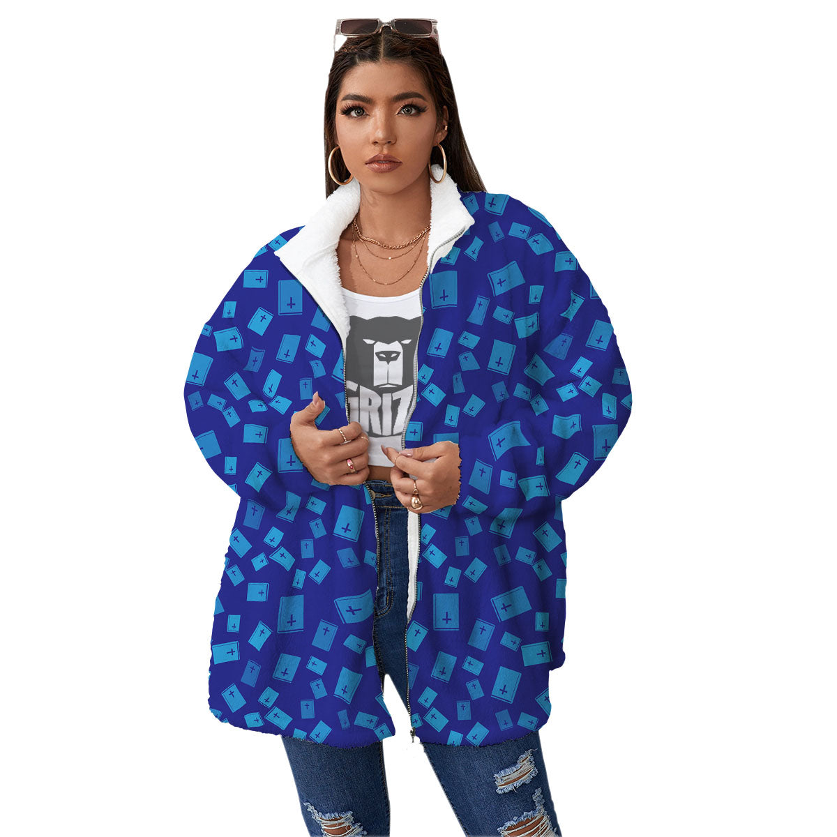 Holy Bible Blue Print Pattern Women's Sherpa Jacket-grizzshop