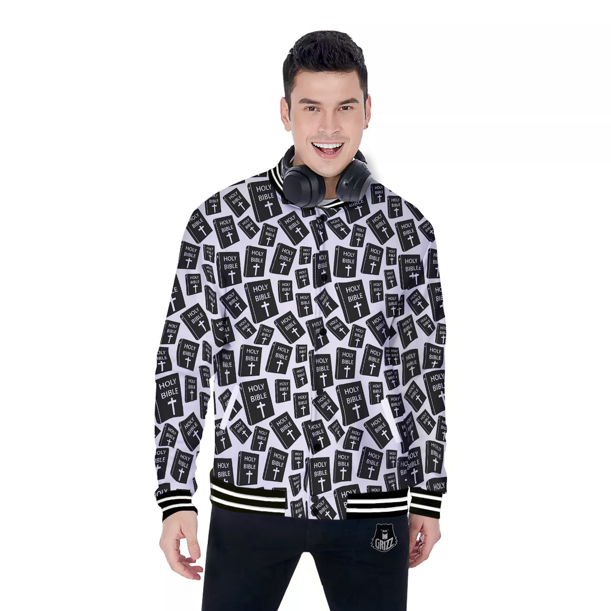 Holy Bible Christian Black Print Pattern Baseball Jacket-grizzshop