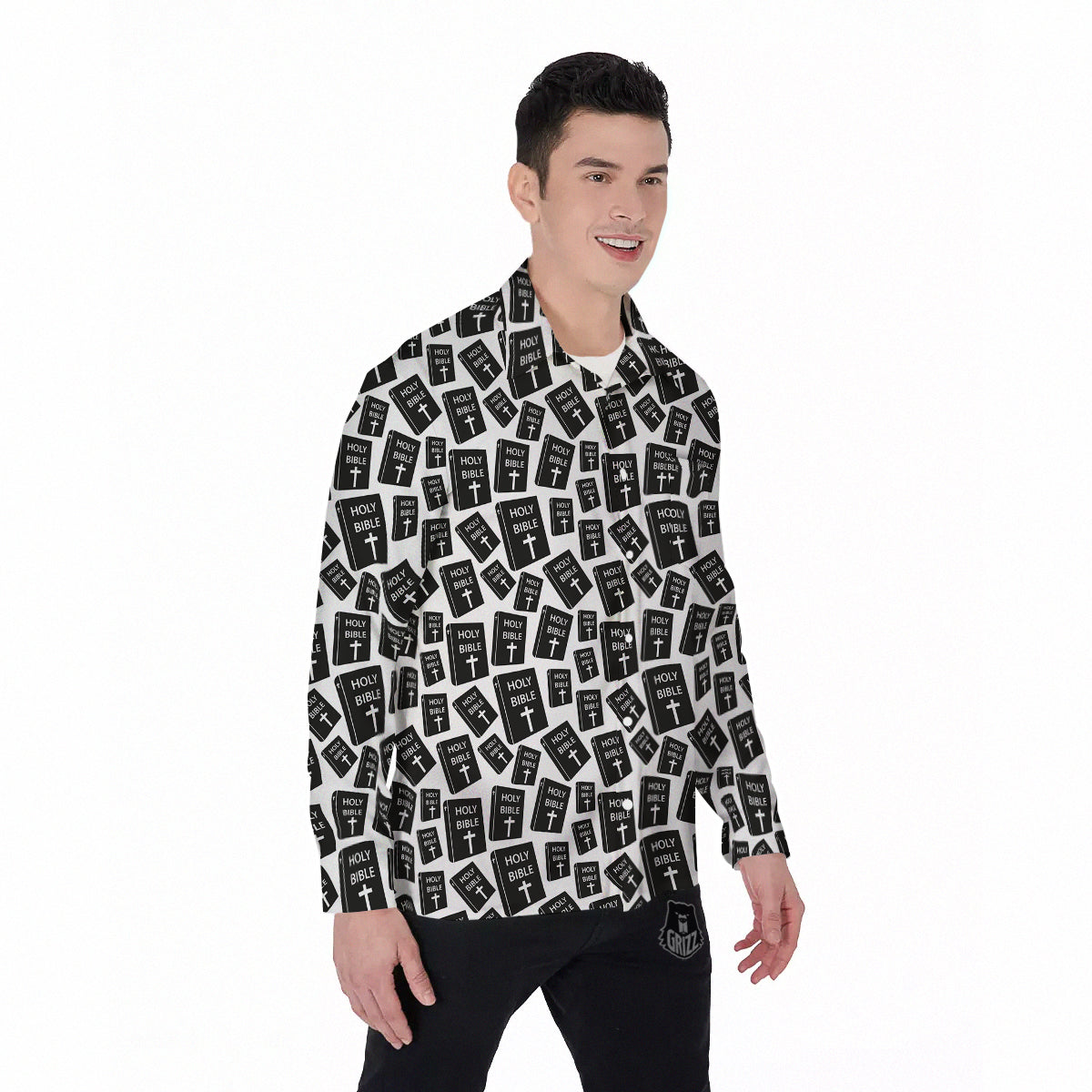 Holy Bible Christian Black Print Pattern Men's Long Sleeve Shirts-grizzshop