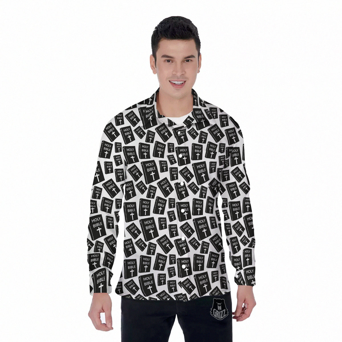 Holy Bible Christian Black Print Pattern Men's Long Sleeve Shirts-grizzshop