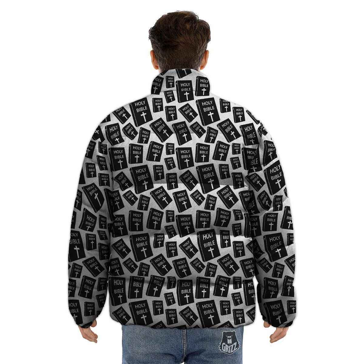 Holy Bible Christian Black Print Pattern Puffer Jacket-grizzshop