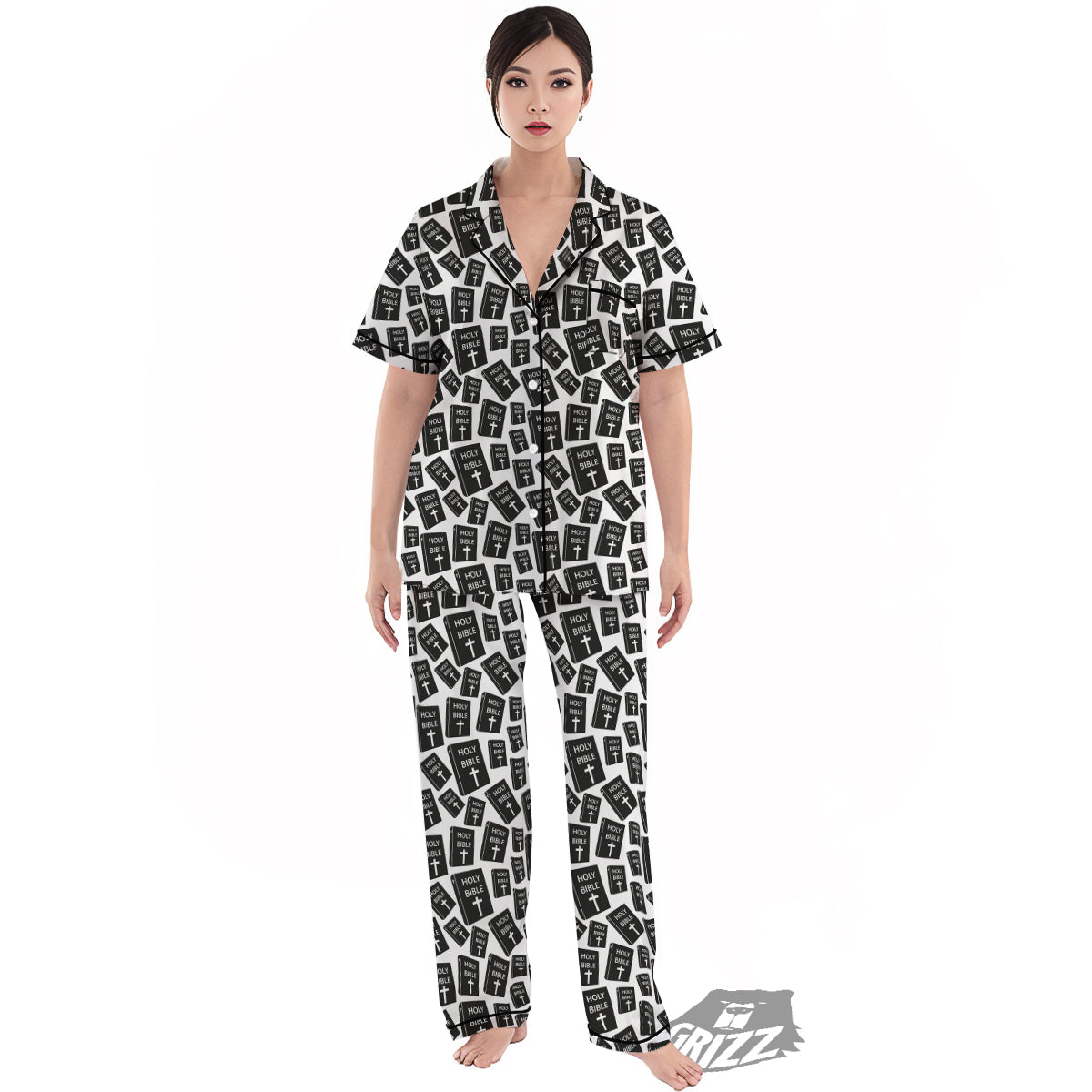 Holy Bible Christian Black Print Pattern Women's Pajamas Set-grizzshop