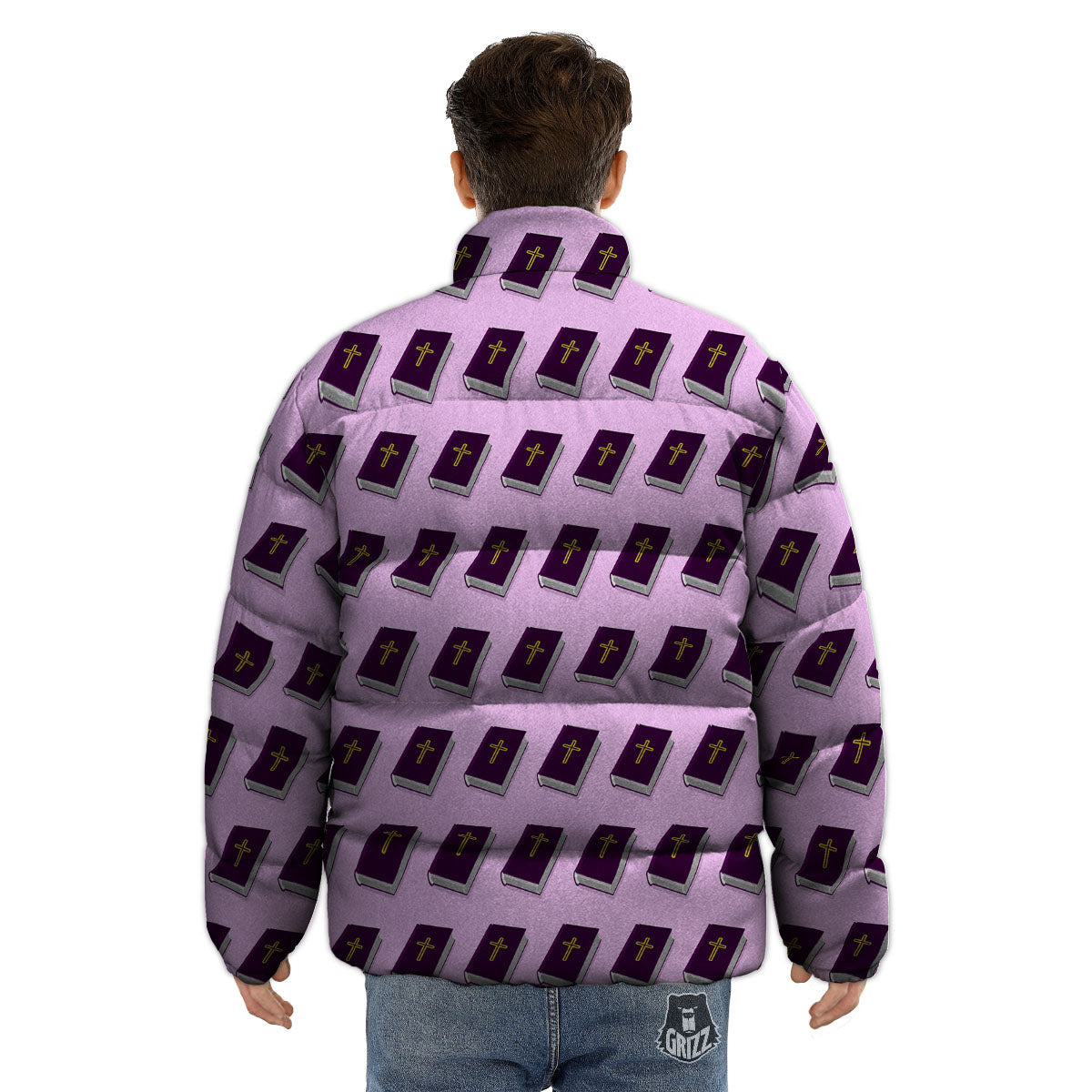 Holy Bible Purple Print Pattern Puffer Jacket-grizzshop