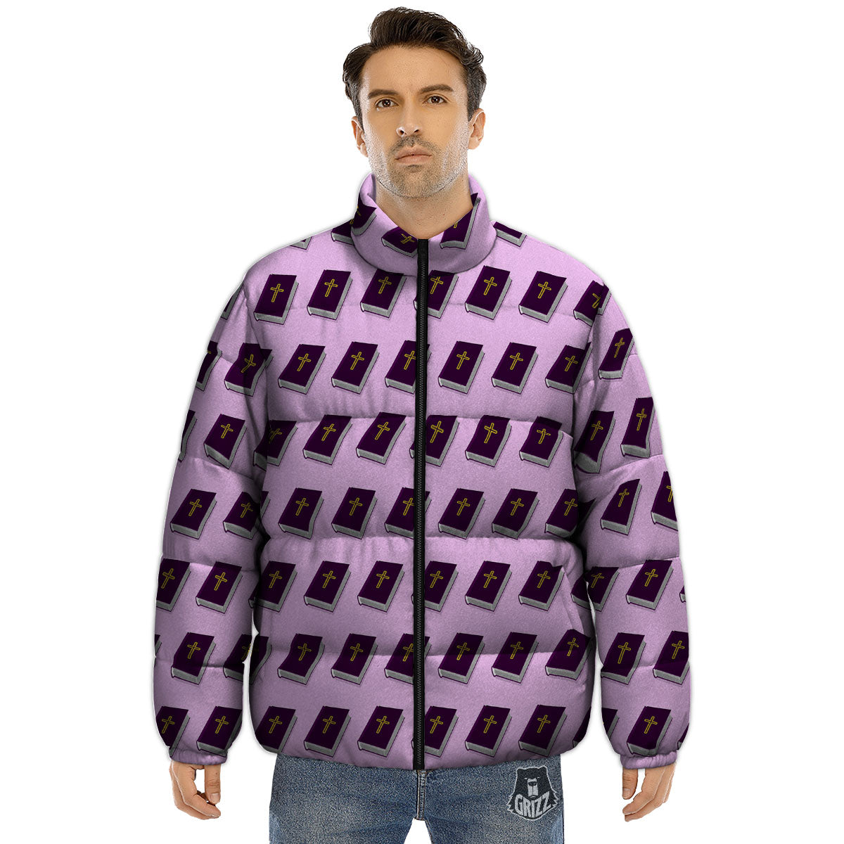 Holy Bible Purple Print Pattern Puffer Jacket-grizzshop