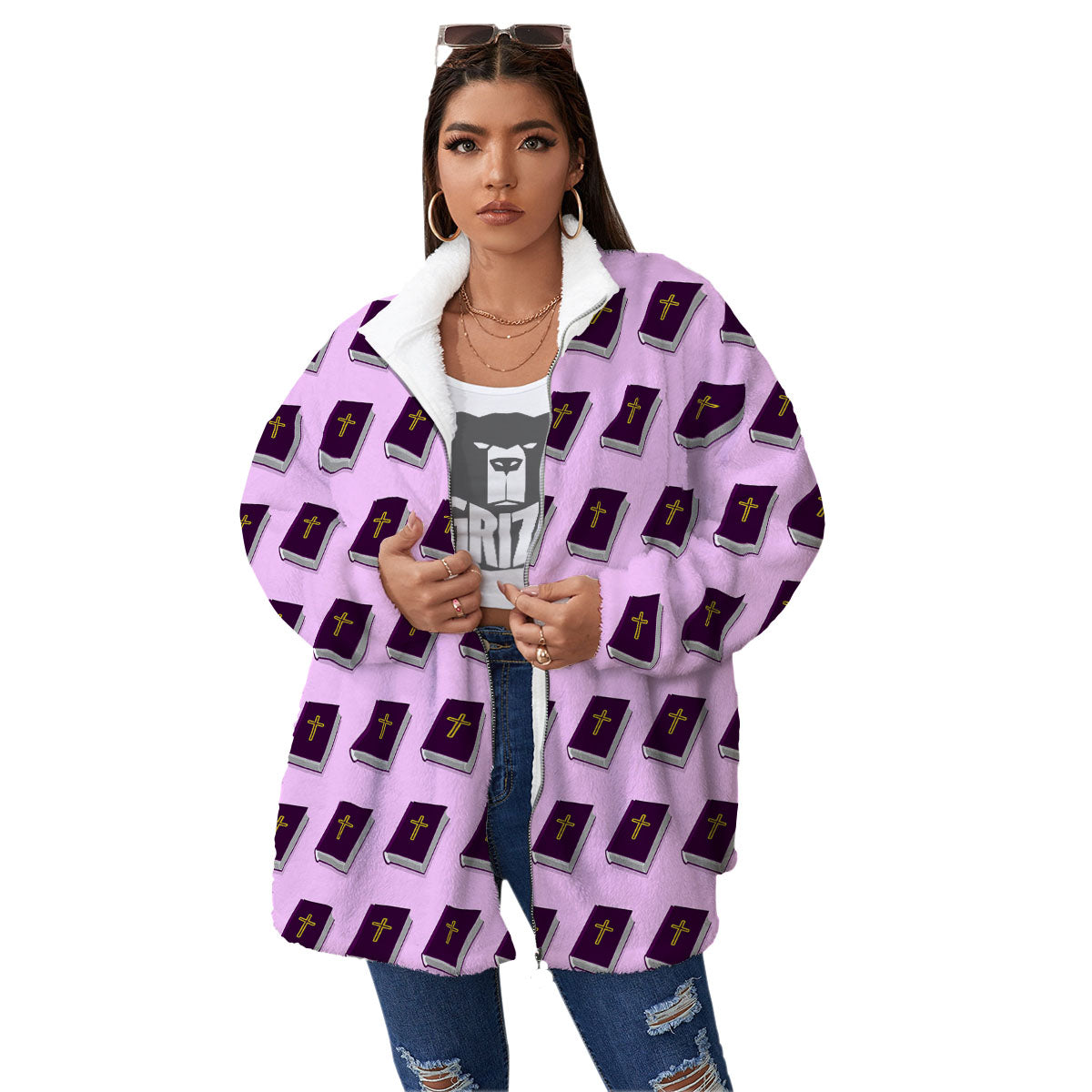 Holy Bible Purple Print Pattern Women's Sherpa Jacket-grizzshop