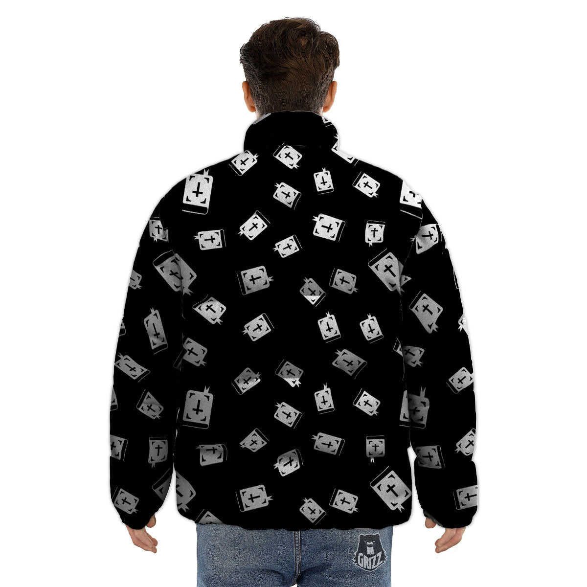 Holy Bible White And Black Print Pattern Puffer Jacket-grizzshop