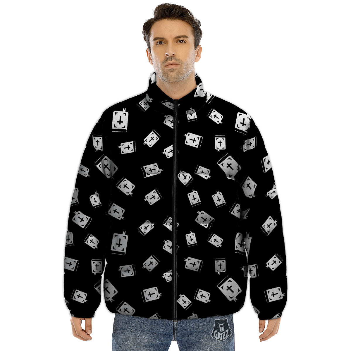 Holy Bible White And Black Print Pattern Puffer Jacket-grizzshop